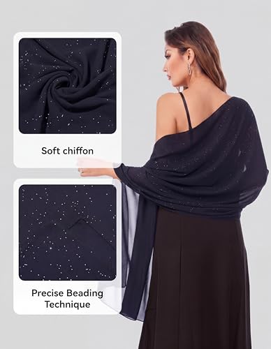 Shawls and Wraps for Evening Dresses Sheer Chiffon Women Elegant Soft Silky Sparkly Wedding Bridal Scarf - color: Navy B