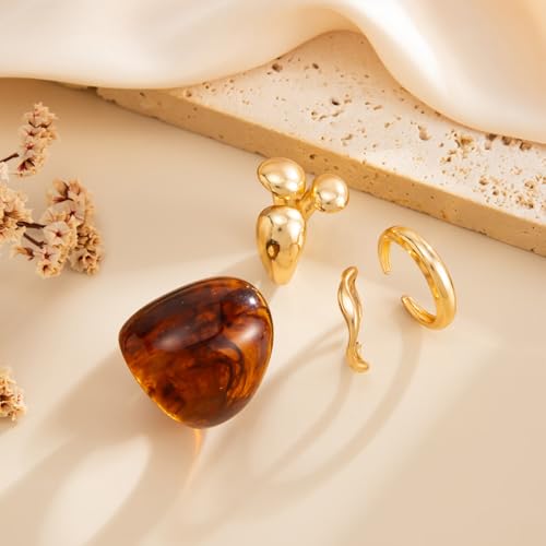 Chunky Adjustable Open Ring for Women Vintage Resin Geometric Ring Boho Statement Ring Set CZ Fashion Classic Jewelry Accessories - color: Gold1