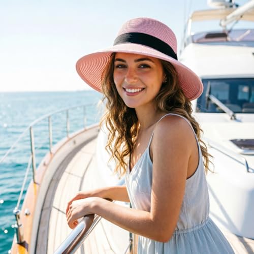 DRESHOW Sun Hats for Women Travel Fedora Foldable Beach Sun Hat Summer Wide Brim Straw Bucket Hat with Bowknot UPF 50+ - color: 1 Pack With Bowknot: Pale Pink With Black Band