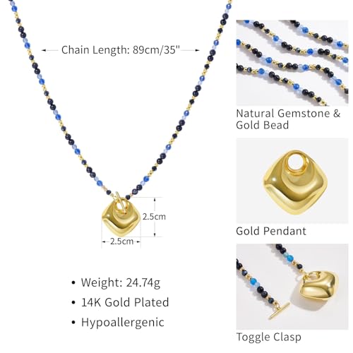KissYan Long Necklaces for Women, 14K Gold Plated Beaded Gemstone Turquoise Boho Layered Choker, Natural Stone Handmade Sweater Fashion Jewelry Gifts - style: Blue
