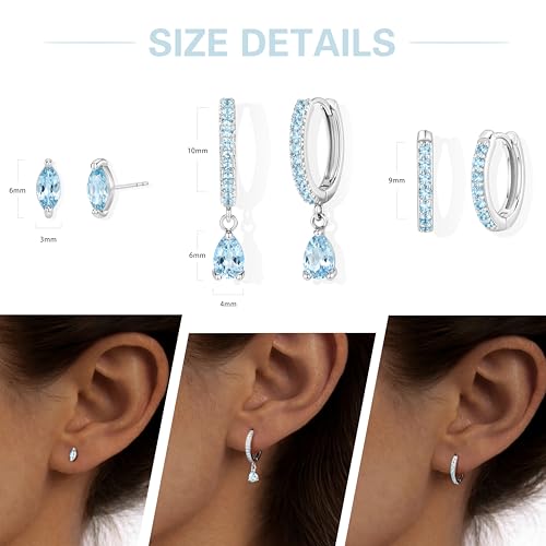 14K Gold Plated Small Huggie Hoop Earrings Set for Women, Hypoallergenic Dainty Sterling Silver Dangle Studs for Cartilage Helix, Lightweight Trendy Cute Stack Birthstone Jewelry Gift - color: 03_Aquamarine_Mar_Silver