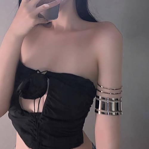 Gothic Leather Arm Band, Adjustable Upper Arm Strap with Metal Ring,Armlet Black - color: Silver