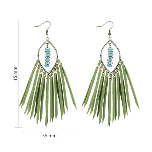 Long Bohemian Fringe Leather Earrrings Handmade Tassel Earrings with Turquoise Christmas Long Dangle Earrings for Women rodeo jewelry - color: Green