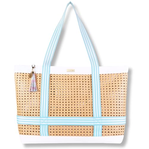 Lilly Pulitzer Travel Tote Bag with Hat Holder Strap, Caning Beach Bag with Tassel Keychain - color: Beachside Haven