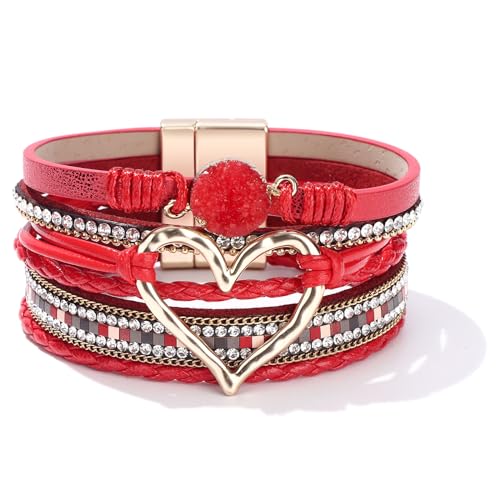 Long tiantian Boho Leather Wrap Bracelets Gifts Trendy Stuff Layered Bangles Bracelets for Women Modern Stackable Infinity Bracelets Bohemian Jewelry Gifts for Women Birthday Gifts - color: C4:Bangle Bracelets(red)
