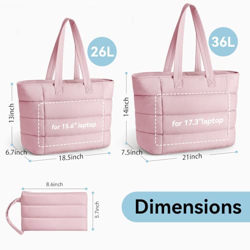 Puffer Tote Bag with Pouch, Women's Lightweight Quilted Shoulder Bag, 15.6"/17.3 Laptop Travel Weekender for Work & Nurses - color: Pink, size: Large