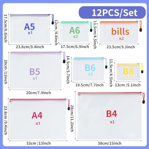 12pcs Mesh Zipper Pouch Bags, 8 Size Zipper Bags for Organizing,Mesh Bags with Zipper, Waterproof File Bags for School, Puzzles, Cosmetics, Travel Accessories, Board Games Office Supplies