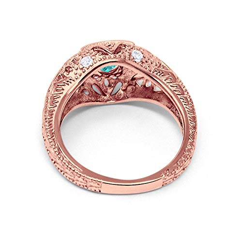 Blue Apple Co. Art Deco Ring Round Cubic Zirconia Leaf Filigree Design Split Shank Twisted Band Bridal Statement Wedding Engagement Rings For Women 925 Sterling Silver Gifts For Her - color: Rose Tone, Simulated Paraiba Tourmaline CZ