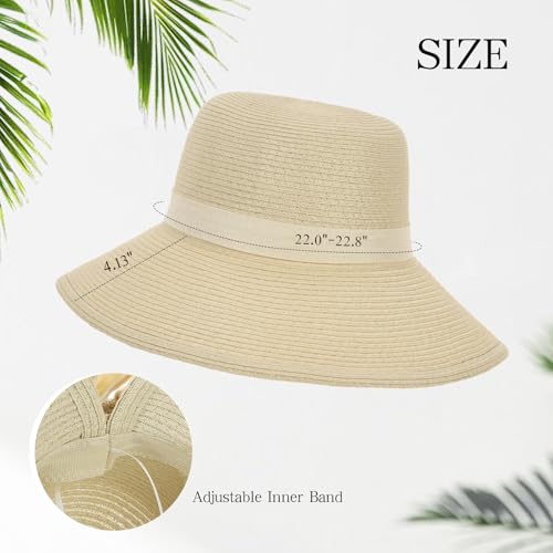 Beach Hats for Women Summer Straw Sun Hats Wide Brim Hat Foldable Packable for Travel Vacation - color: Beige