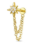 OUFER 16G Chain Cartilage Piercing Jewelry-316L Surgical Steel Gold Flat Back Push Pin Helix Earring, Star Clear CZ Double Chain Lobe Piercing Jewelry - style: Star-Gold