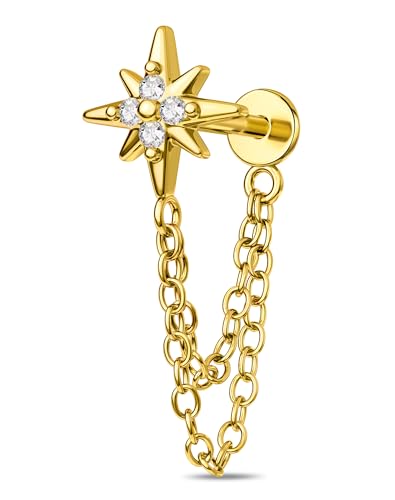 OUFER 16G Chain Cartilage Piercing Jewelry-316L Surgical Steel Gold Flat Back Push Pin Helix Earring, Star Clear CZ Double Chain Lobe Piercing Jewelry - style: Star-Gold