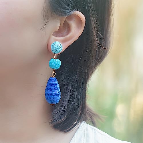 Boho Raffia Earrings Statement Dangle Earrings Cute Teardrop Ball Earrings Colorful Summer Jewelry Handmade Rattan Earrings for Women - color: 3Blue