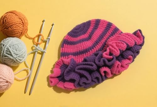 Handmade Crochet Bucket Hat for Women Boho Chic Slouchy Design Colorblock Ruffled Brim Festival&Daily Crochet Hat - color: Purple Rose Red Stripe