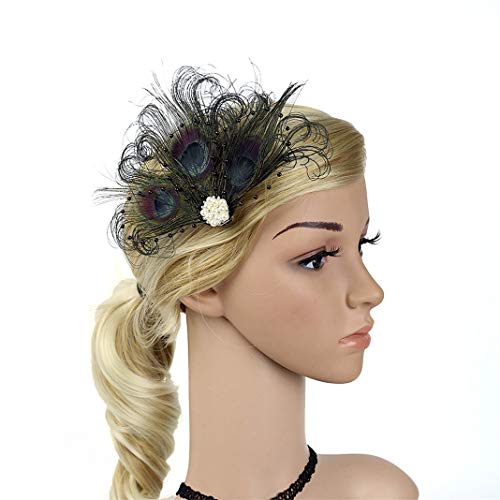 Fascinator Peacock Feather Hair Clips Flapper Headband Art Deco 20's Accessories for Women - color: 05black