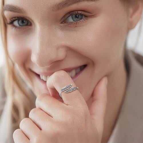 Vito 925 Sterling Silver Adjustable Open Spoon Ring for Women Men, Lotus Sunflower Snake Spoon Band Rings Feather Hug Witches Knot Inspirational Jewelry Gift for Wife - style: Feather-1