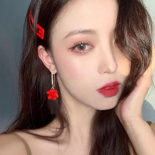 Boho Flower Dangle Earrings for Women Long Drop Resin Acrylic Tiered Petal Statement Earrings Handmade Lightweight Vintage Floral Chunky Drop Jewelry - color: Red
