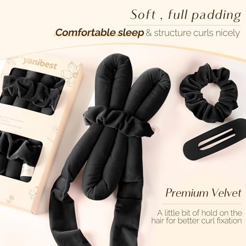 Yanibest Heatless Curls Overnight, Soft Heatless Hair Curler to Sleep in, No Heat Ribbon Wrap, Heatless Curling Set for Long Short Hair with Hair Scrunchies and Clip - color: Black
