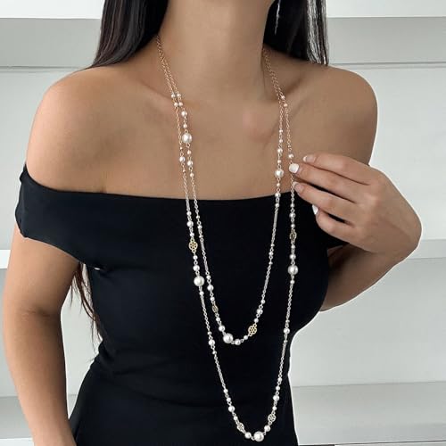 Long Necklaces for Women Pearl Necklaces for Women Long Chain Necklace Dainty Layered Pearl Necklace Statement Sweater Strand Chain Jewelry - color: Gold