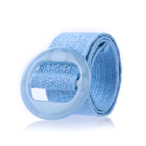 beltox fine Women PP Straw Braided Elastic Belt Solid Color with Round Buckle - color: Blue, size: XS-XL(28-40 inch stretch range)