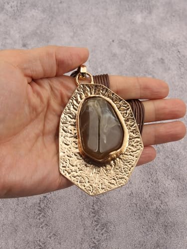 GelConnie Long Necklaces for Women Boho Large Pendant Necklace Casual Bohemian Brown Leather Choker Sweater Circle Statement Stone Necklace - style: Leather Stone Necklace