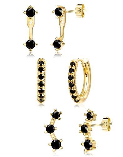 3 Pairs Dainty Small 4th of July Earrings for Women Trendy, Birthstone Stud Huggie Hoop Jacket Stack for Cartilage Helix, Gold Plated Hypoallergenic Cute Women Fashion Accessories Western Jewelry Gifts - color: Black CZ (Gold)