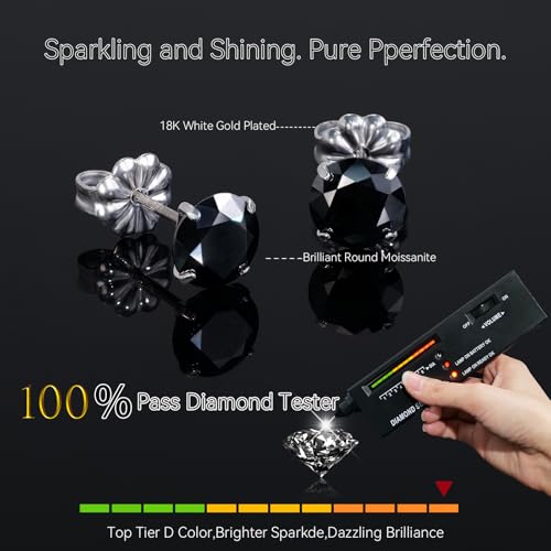 Moissanite Stud Earrings, G23 Hypoallergenic Titanium Stud Earrings for Women Men, Round Cut D Color VVS1 Clarity 18K White Gold Palted Multicolor Moissanite Jewelry, 0.6CT-3.0CT - color: Black, size: (0.5ct*2)-5mm-1.0 Carat