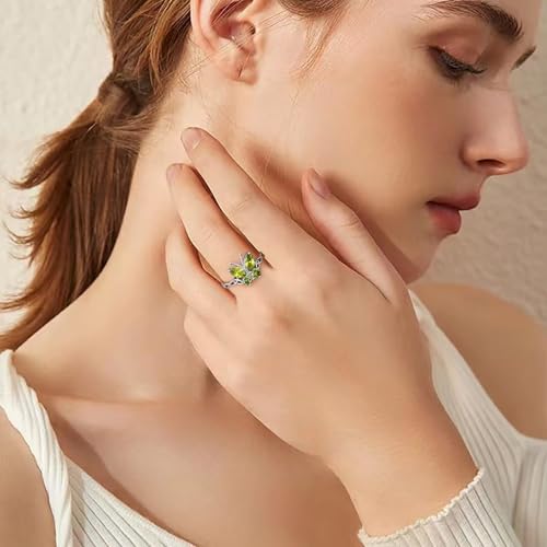 Bestyle 925 Sterling Silver Butterfly Ring Hypoallergnic Adjustable Birthstone Rings for Women Butterfly Jewelry Gifts for Anniversary Mothers' Day Birthday - color: 08.August (Peridot)-Ring