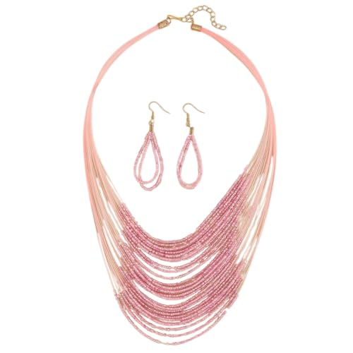 Bohemian Colorful Beaded Earrings Necklace Geometric Teardrop Dangle Earrings Multi-layered Stackable Choker Necklaces Boho Seed Bead Chain Statement Beach Party Accessories - color: Pink