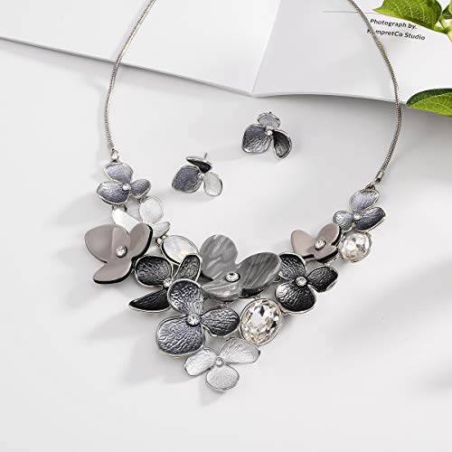 AMYJANE Vintage Statement Jewelry Set - Spring Leaf Flower Floral Plant Necklace Earring Set Crystal Rhinestone Fashion Costume Jewelry for Women Prom Party Unique Gift - style: meilian flower jewelry set grey