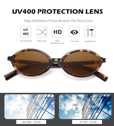 NULOOQ Retro Oval Sunglasses for Women 90s Trendy Vintage Small Round Sunnies Shades - color: A1* (Tortoise/Brown + Black/Gray) - 2 Pack