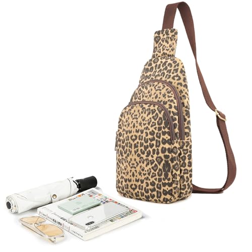 SILKAREA Canvas Sling Bag for Wome Crossbody Purse Small Sling Backpack Purse Travel Hiking Chest Bag Daypack - color: Brown Leopard