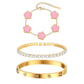 Womens Stackable Floral Gold Bracelets - 3Pcs 18K Gold Plated Bracelet,Stainless Steel Bangle Bracelets Non Tarnish, Gold Bracelet Set Trendy Jewelry,Christmas Valentines Birthday Gifts for Girlfriend - color: Pink