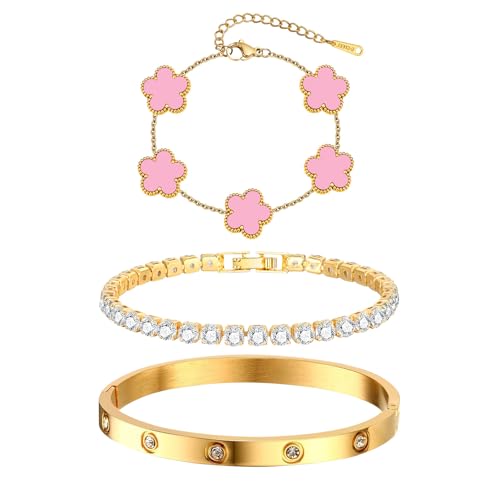 Womens Stackable Floral Gold Bracelets - 3Pcs 18K Gold Plated Bracelet,Stainless Steel Bangle Bracelets Non Tarnish, Gold Bracelet Set Trendy Jewelry,Christmas Valentines Birthday Gifts for Girlfriend - color: Pink