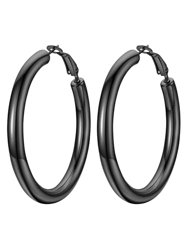 Stainless Steel Chunky Hoop Earrings For Women, Minimalist and Chic, Black/Gold Plated, Round Hoops Earrings Hypoallergenic, Size: 30mm/40mm/60mm/80mm, Come with Box - color: 1. Black, size: 50MM