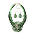 Ethnic Crystal Rhinestone Pendant Necklace Earrings Set Women Handmade Tribal Collar Choker Chunky Metal Bib Rope Chain African Statement Jewelry Set - color: NXR1418-green