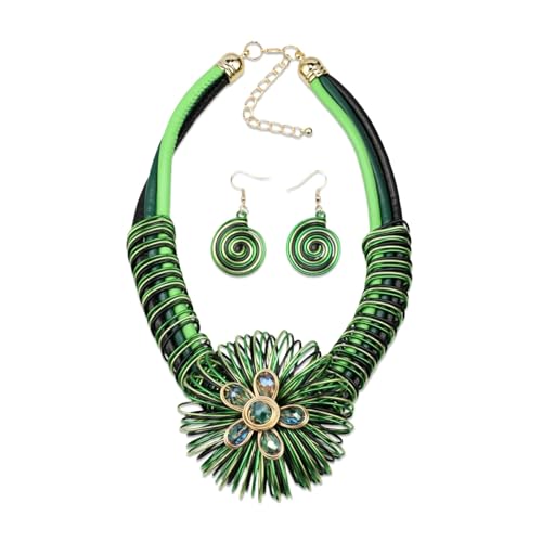 Ethnic Crystal Rhinestone Pendant Necklace Earrings Set Women Handmade Tribal Collar Choker Chunky Metal Bib Rope Chain African Statement Jewelry Set - color: NXR1418-green