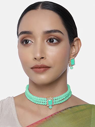 Aheli Ethnic Choker Necklace Earrings Wedding Bollywood Party Jewelry Set Gift for Women - color: Mint Green