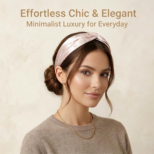 ZLYC Mulberry Silk Headband Elastic Twist Knotted Head Bands for Women's Hair, Floral Light Pink - color: Floral Light Pink