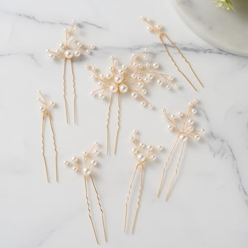 SWEETV 7 Pieces Bride Hair Accessories Pearl Wedding Hair Pins Leaf Bridal Hair Piece Vintage Hair Headpiece Leaf Hair Clips Jewelry for Women Bridesmaids Brides Flower Girls - color: Set-B-Gold