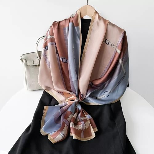 ANDANTINO 100% Silk Long Scarf-Women Large Oblong Shawls with Gift Packed - color: Belts-blue&brown