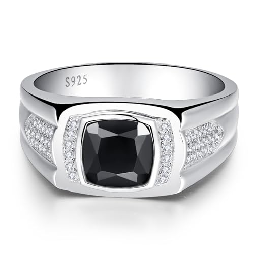Yaresul 8 * 8mm 2.85CT 925 Sterling Silver Mens Gemstone Ring Princess Cut Created Black Onyx|Sapphire|Emerald|Ruby Mens Wedding Band Engagement Ring Pave CZ W/AAA Size 6-13 - color: Created Onyx