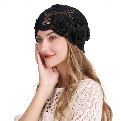 ZLYC Women Cotton Crochet Slouchy Beanie Hat Handmade Knit Summer Skull Cap - color: Decorative Flowers Black