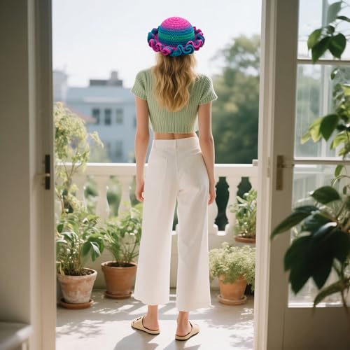 Handmade Crochet Bucket Hat for Women Boho Chic Slouchy Design Colorblock Ruffled Brim Festival&Daily Crochet Hat - color: Dopamine Color