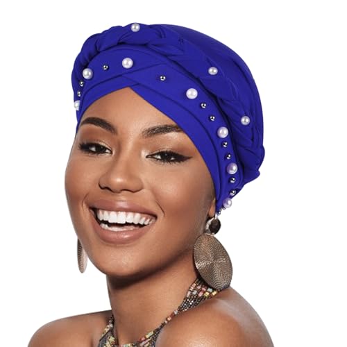 African Women Turban Caps Pre-Tied Twisted Turbans Head Scarf for Women Hair Wraps Cover Beanie Cancer Chemo Headwear - color: 1 Pack Twisted Braid A: Pearls Blue
