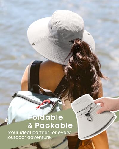 FURTALK Womens Sun Hat with Ponytail Hole Beach Hiking Summer Wide Brim UPF 50+ Outdoor Protection Foldable Bucket Hat - color: Light Grey