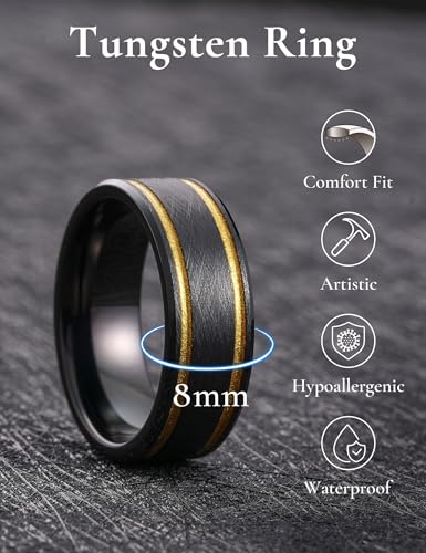King Will Mens Tungsten Rings for Men Two Tone Grooved Mens Wedding Band Cool - color: Black & Gold Two Groove