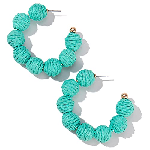 Raffia Hoop Earrings Statement Boho Beaded Earrings Cute Rattan Handmade Colorful Jewelry for Women Unique Summer Outfits - color: Teal
