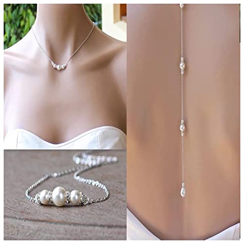 Boho Pearl Back Chain Necklace Silver Pearl Crystal Backdrop Necklace Body Chain Long Bridal Back Drop Chain Summer Beach Body Jewelry for Women