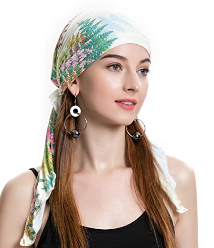ZLYC Chemo Headwear Pre Tied Head Scarf Headwraps Lightweight Turban Beanie Cap for Women - color: Leaves Beige