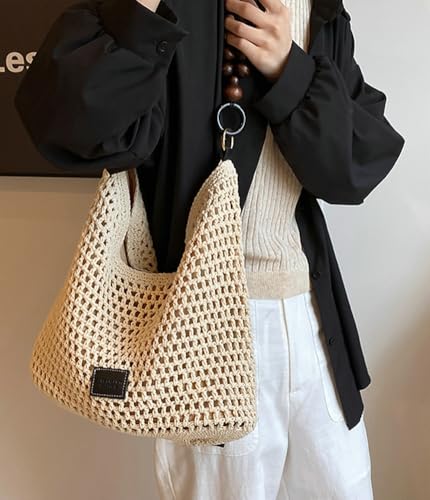 Crochet Summer Beach Bag for Women Woven Cotton Mesh Hobo Handbag Fashion Bead Handmade Shoulder Bag Purse - color: Black
